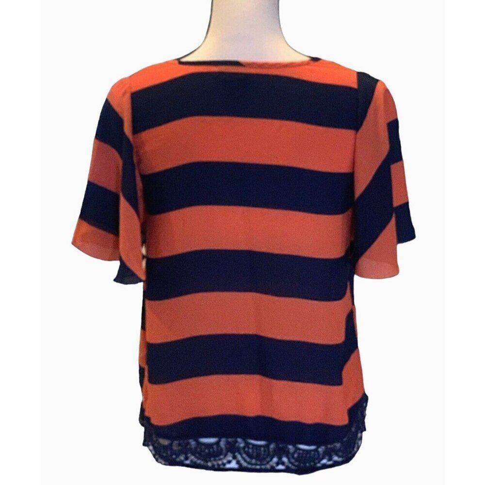 Rue 21 Womens Stripe Blouse Top Size XS Short Sleeve Lace Hem Navy Blue Orange